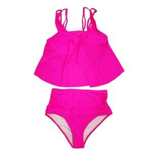 Pink High-Waisted Bikini Set Strappy Tankini Top  Ruched Bottoms Size M Swimsuit